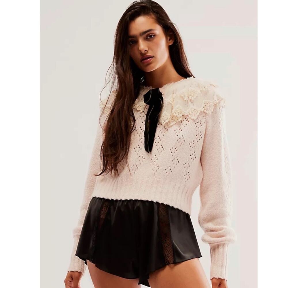 Free People XL Dainty Coquette Lace Collar Hold Me Closer Sweater - Picture 4 of 15